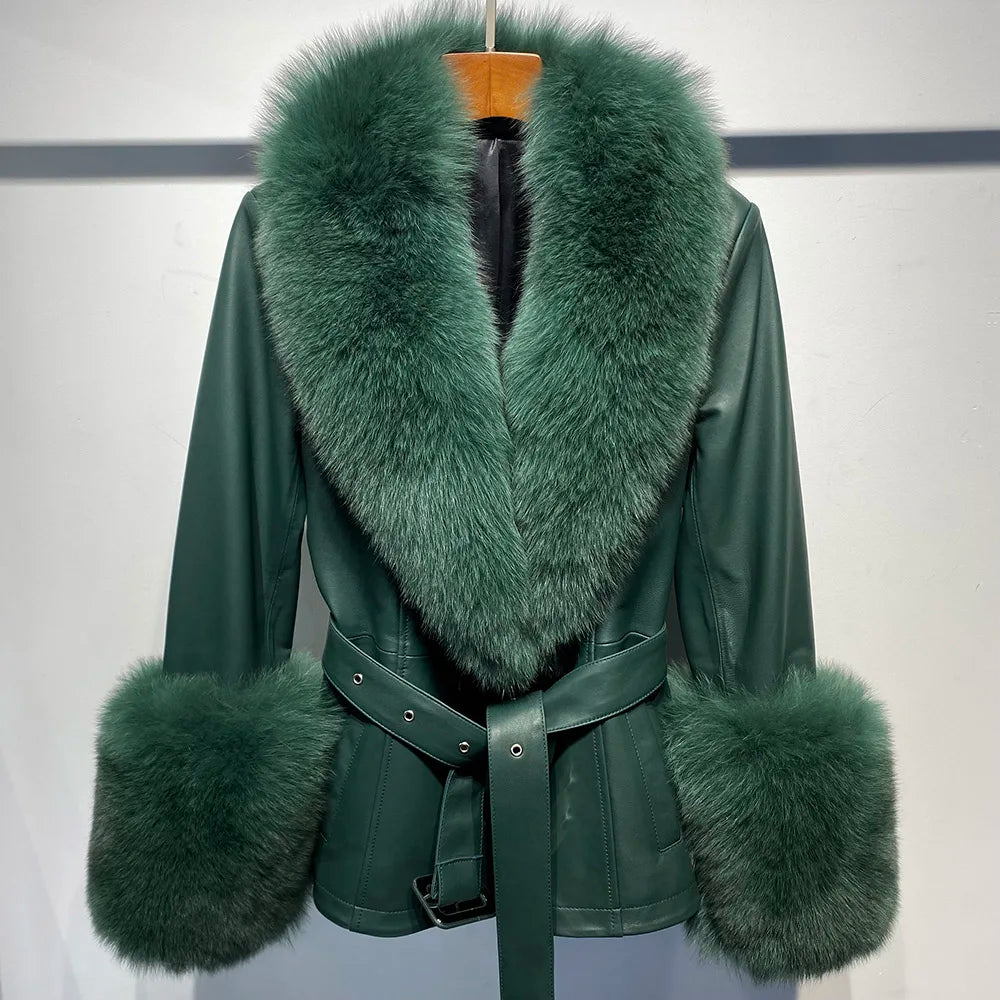 YOLOAgain Women's Real Fox Fur Collar Sheepskin Leather Jacket Coat Autumn 2025