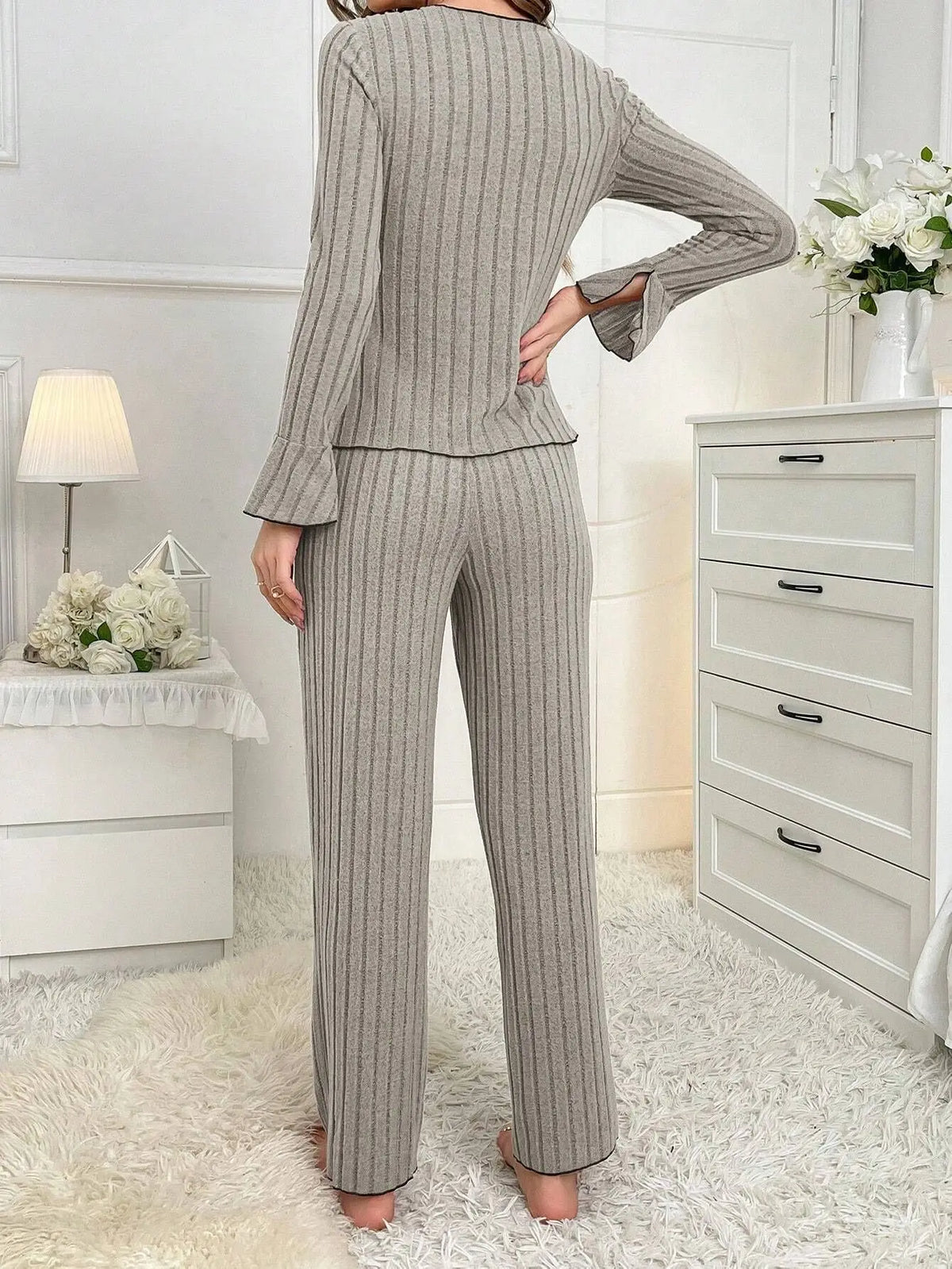2-Piece Women's Autumn and Winter Pure Color Elegant Bow Women's Simple Long-Sleeved Pants Pajama Set Leisure home clothing