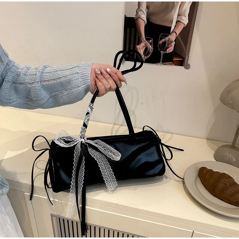 French Elegant Square Bag Korean Bow Decoration Pu High-quality Bag Niche Simple Ballet Style Shoulder Bag New Casual Women Bags