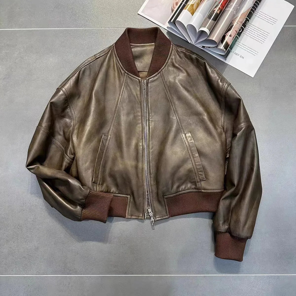 Leather Cropped Bomber Jacket For Women 2025 Winter European Old Money Designer Female Distressed Sheepskin Short Coat Outwear