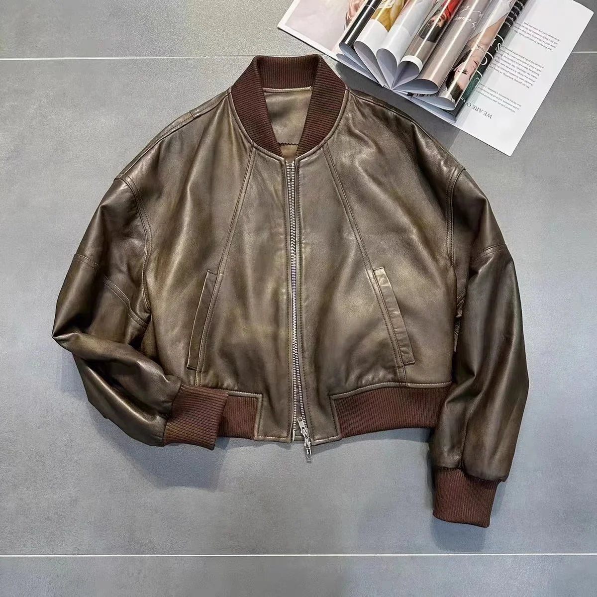 Leather Cropped Bomber Jacket For Women 2025 Winter European Old Money Designer Female Distressed Sheepskin Short Coat Outwear