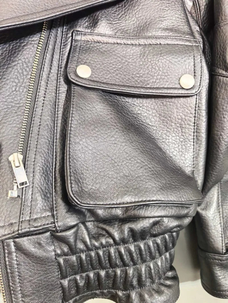 Punk Women Vintage Genuine Leather Jacket Lapel Streetwear Motorcycle Short Coat Loose Fit High Quality Real Sheepskin Outerwear