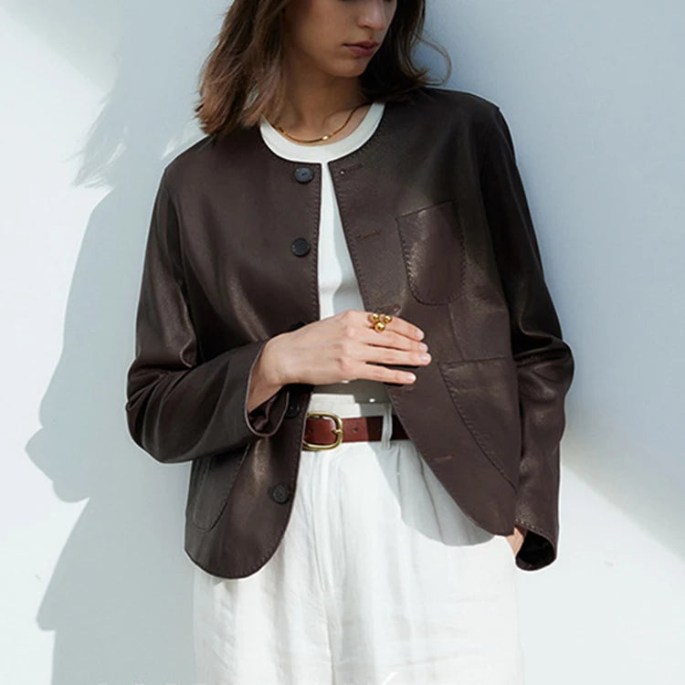 Women's Autumn Clothing European High Quality Sheepskin Casual O-Neck Single-Breasted Coffee Litchi Stria Genuine Leather Jacket