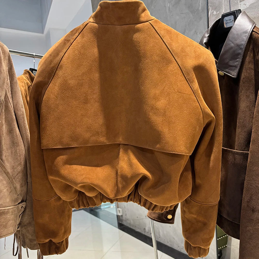 YOLOAgain Suede Leather Jacket Coat Women Real Leather Cropped Jacket Bomber Jacket