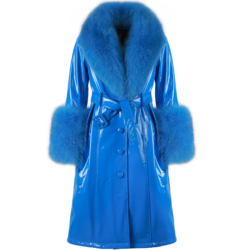 YOLOAgain Burgundy Real Fox Fur Collar Leather Trench Coat Women Genuine Leather Jacket Long Female
