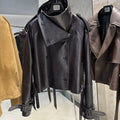 YOLOAgain Funnel Neck Real Leather Jacket Women Double Breasted Suede Jacket With Belt Streetwear