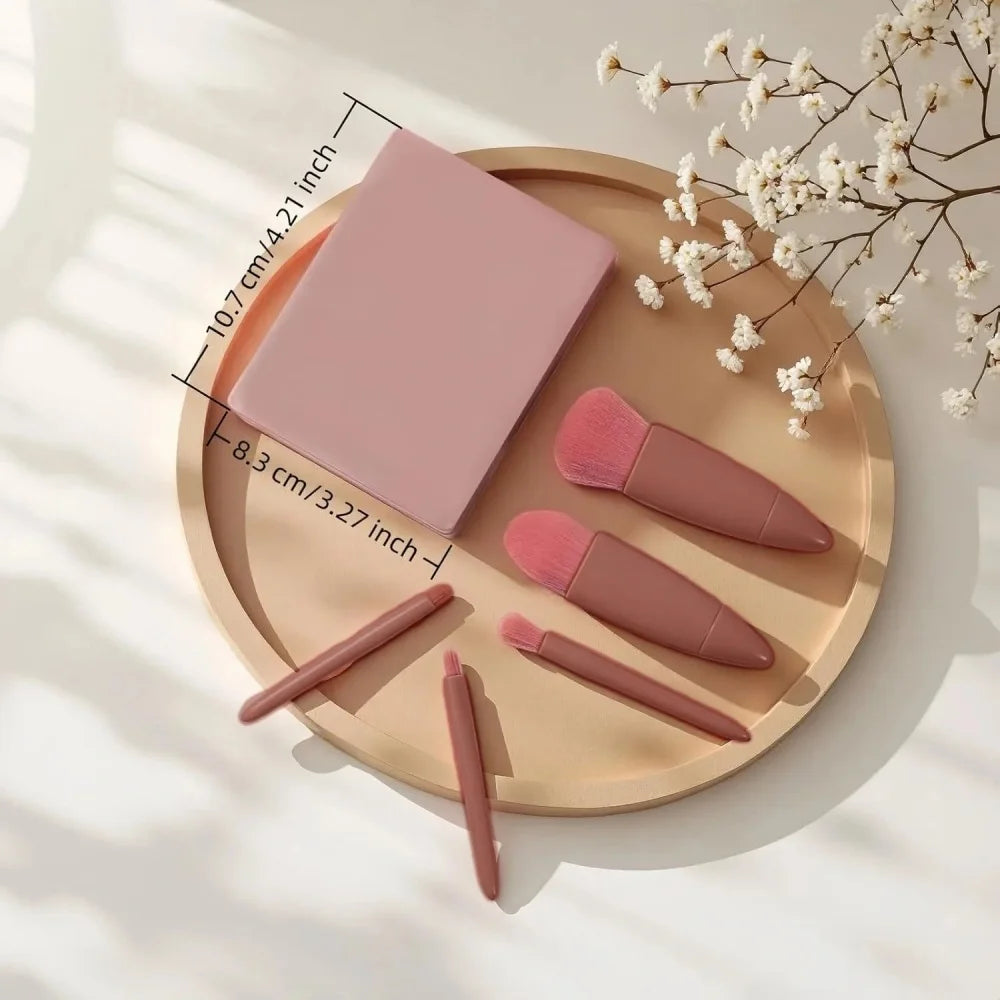 Cosmetic Brush 5PCS Portable Makeup Brush Travel with Mirror Box Makeup Set Brush Loose Powder Brush Blush Brush Eyeshadow Brush
