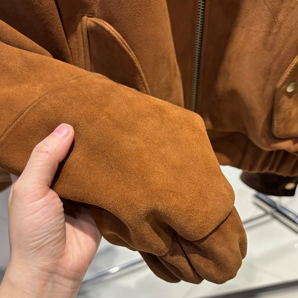 YOLOAgain Suede Leather Jacket Coat Women Real Leather Cropped Jacket Bomber Jacket