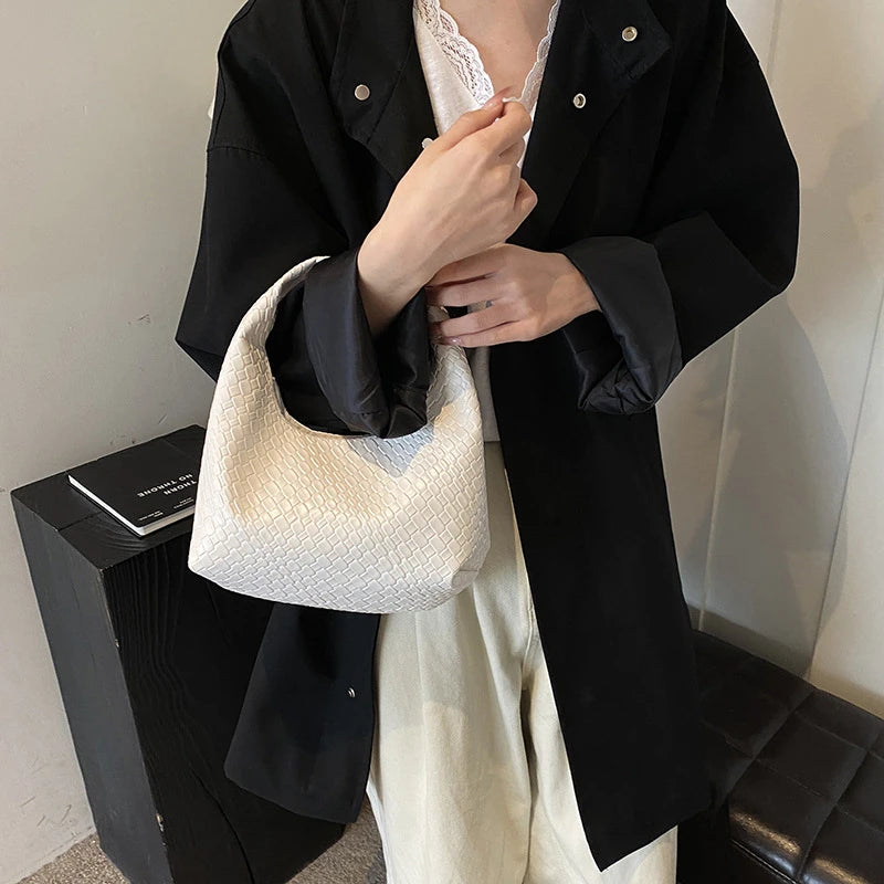 Women Classic Fashion Woven Embossed Hobo Soft PU Leather Small Top-handle Shoulder Bag Casual Daily Handbags