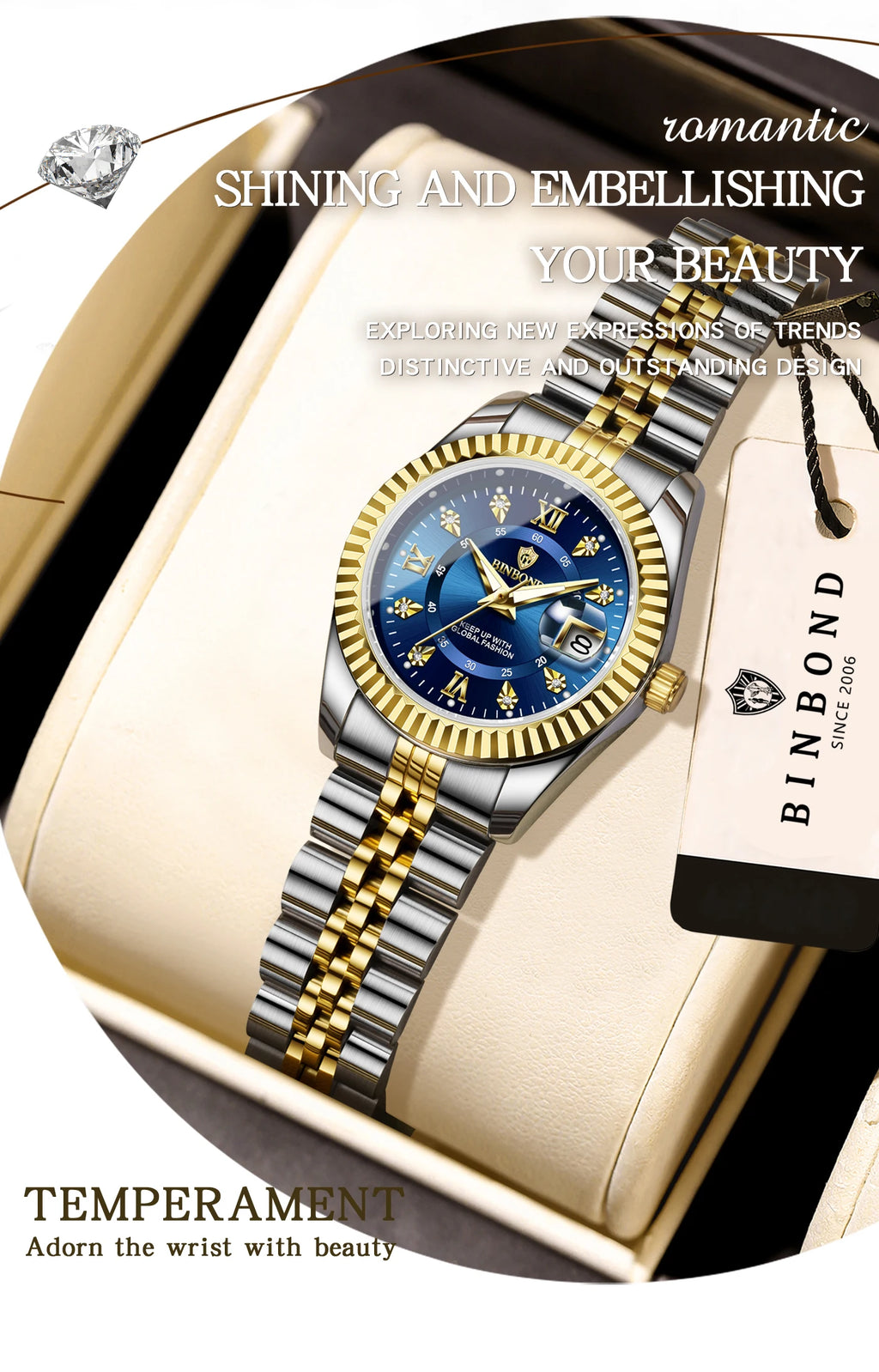 BINBOND Quartz Watches For Women Luminous Waterproof Stainless Steel Ladies Watch Montre Femme Luxe De Marque Reloj With Box