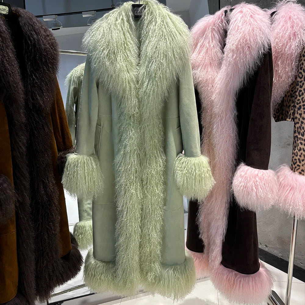 YOLOAgain Real Mongolia Sheep Fur Jacket Long Dark Brown Suede Coat Women