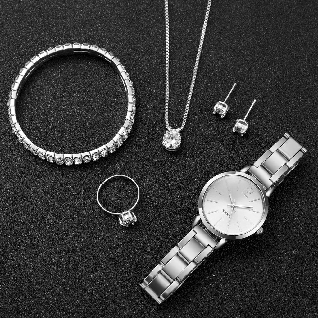 6PCS/Set Fashion Women's Quartz Watch Stainless Steel Band Wrist Watches Diamond Jewelry Set(Without Box)