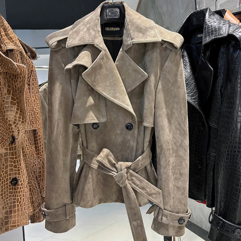 YOLOAgain High Quality Suede Leather Jacket Women With Belt Double Breasted Croc Pattern Jacket Female