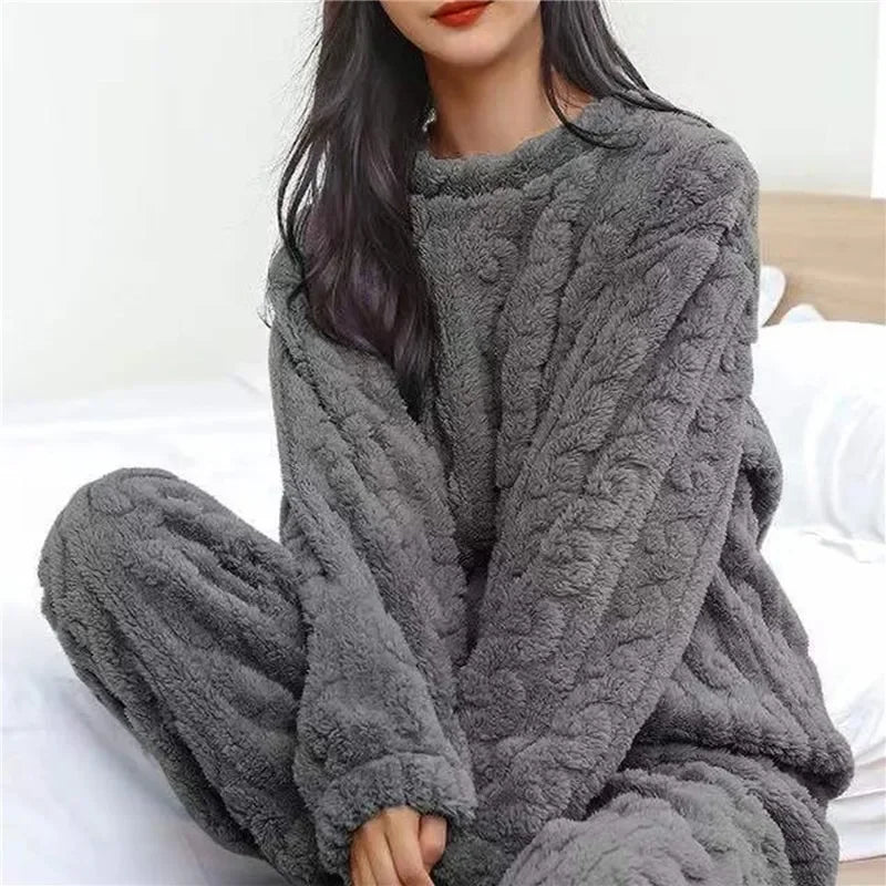 Autumn Ladies Plush Fluffy Cozy Tracksuit Relax Loose Home Loungewear Suit For Weekend Rest Xmas Eve Casual Household Wear