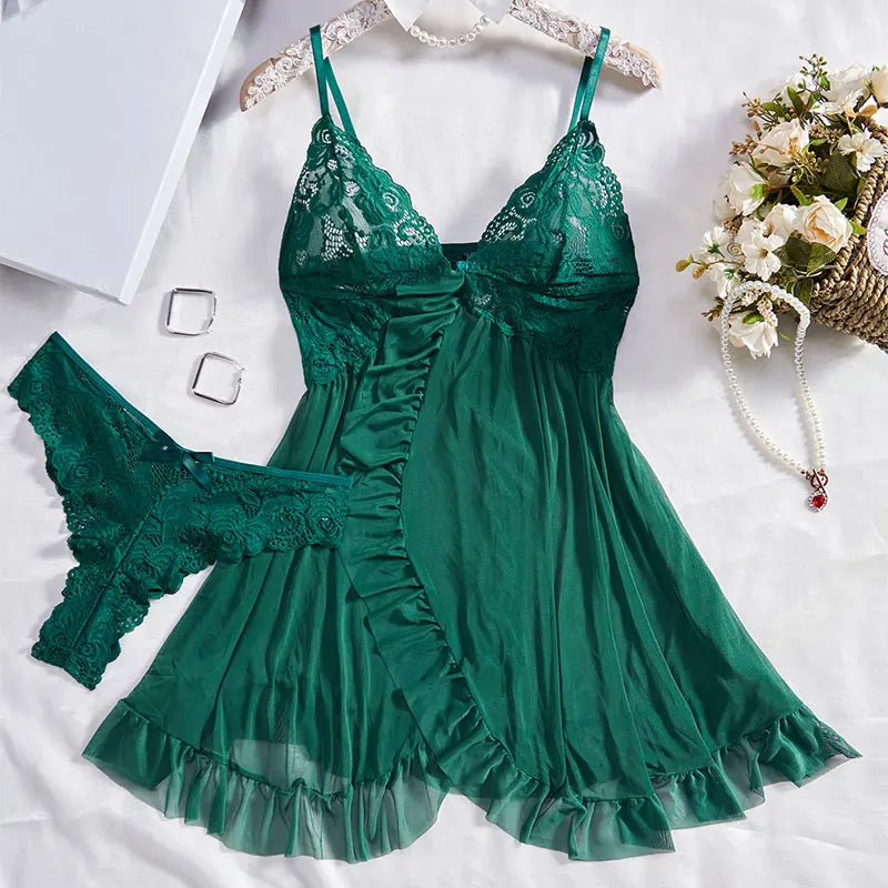 Tulle Suspenders Exquisite Women's Lencerias Lace V-Neck Underwear Semi-transparent Thong Dress Set Females Lingerie Nightgowns
