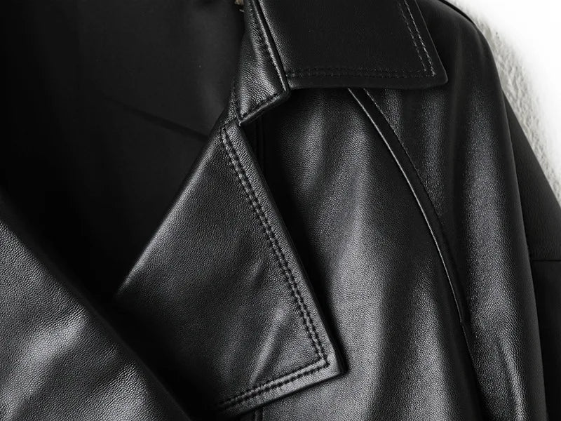 Leather Jacket for Women Spring Double-Breasted Belt Waist Closing Slim Ceket Kadın Imported Sheepskin Loose Short Trench Coat