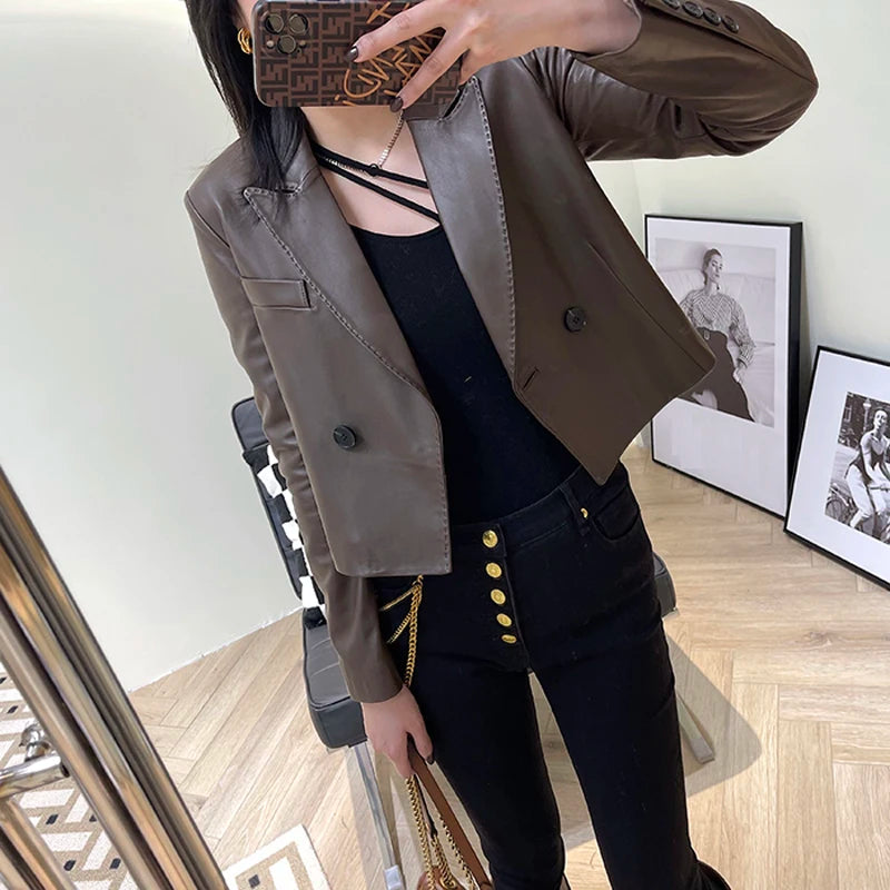 Suit Leather Jacket For Women 2025 Female 100% Sheepskin Lined Suit Collar Slim Short Quilted Coats Retro OL Sobretudo Feminino