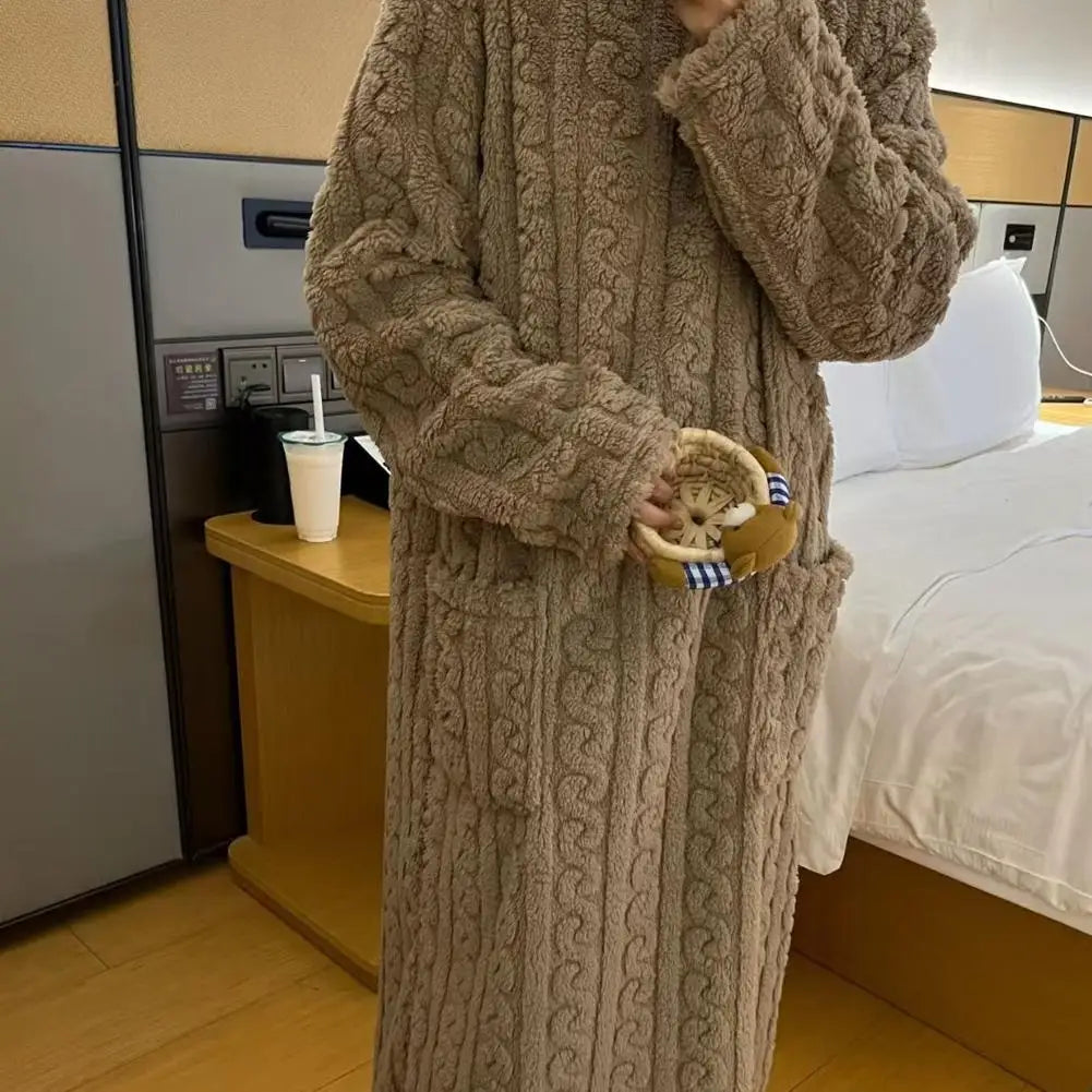Coral Velvet Women's Nightgown Autumn And Winter Long Sleeve Double Pocket Flannel Nightgowns Women Loose Solid Sleepwear