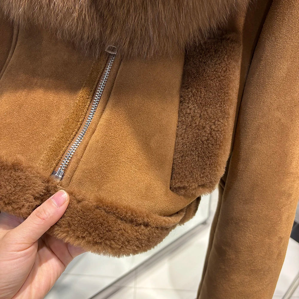 YOLOAgain Burgundy Shearling Jacket With Hood Women 2025 Winter Real Leather Jacket Coat