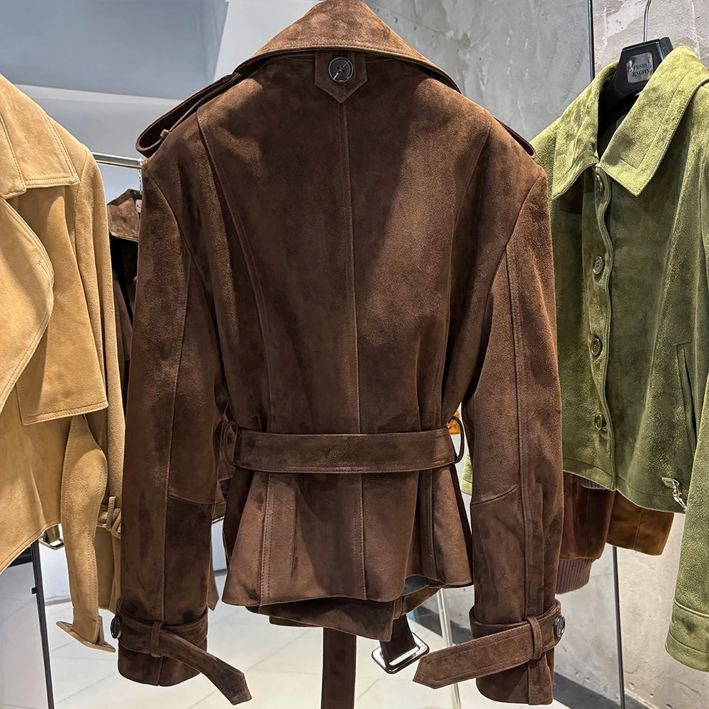 YOLOAgain High Quality Suede Leather Jacket Women With Belt Double Breasted Croc Pattern Jacket Female