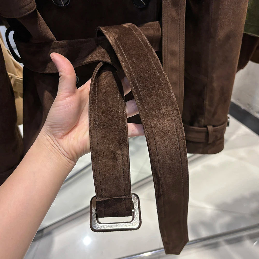YOLOAgain High Quality Suede Leather Jacket Women With Belt Double Breasted Croc Pattern Jacket Female