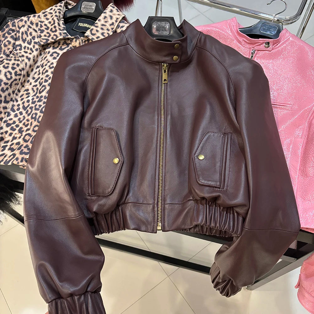 YOLOAgain Suede Leather Jacket Coat Women Real Leather Cropped Jacket Bomber Jacket