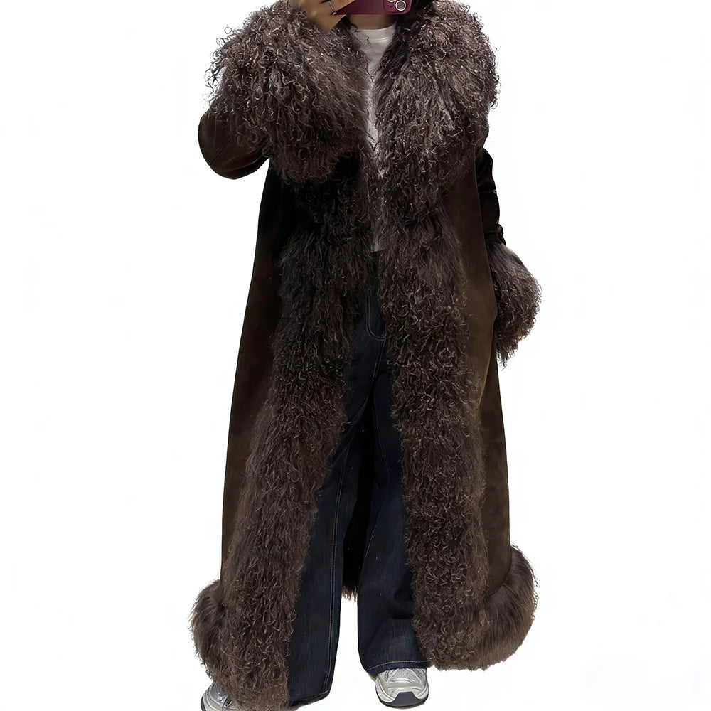 YOLOAgain Real Mongolia Sheep Fur Jacket Long Dark Brown Suede Coat Women