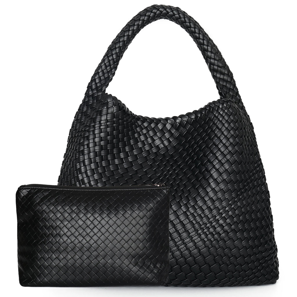 Woven Tote Bag for Women Large Woven Handbag Soft Leather Shoulder Bag Work Shopper Summer Beach Travel Tote Bag with Purse