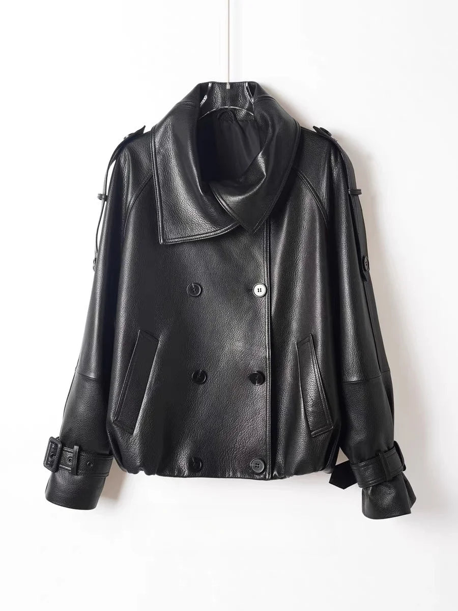 Fashion Real Leather Jacket for Women Modern Genuine Sheepskin Stand Up Collar Short Silhouette Coat Winter Tops Lapel