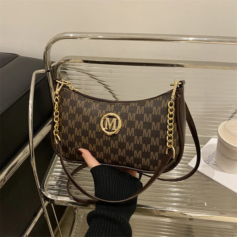 Vintage Style Handbag Crossbody Bag, Gold Letter 'M' Design Pu Leather Shoulder Messenger Bag, Synthetic Leather Tote Bag, Purse