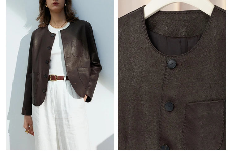 Women's Autumn Clothing European High Quality Sheepskin Casual O-Neck Single-Breasted Coffee Litchi Stria Genuine Leather Jacket