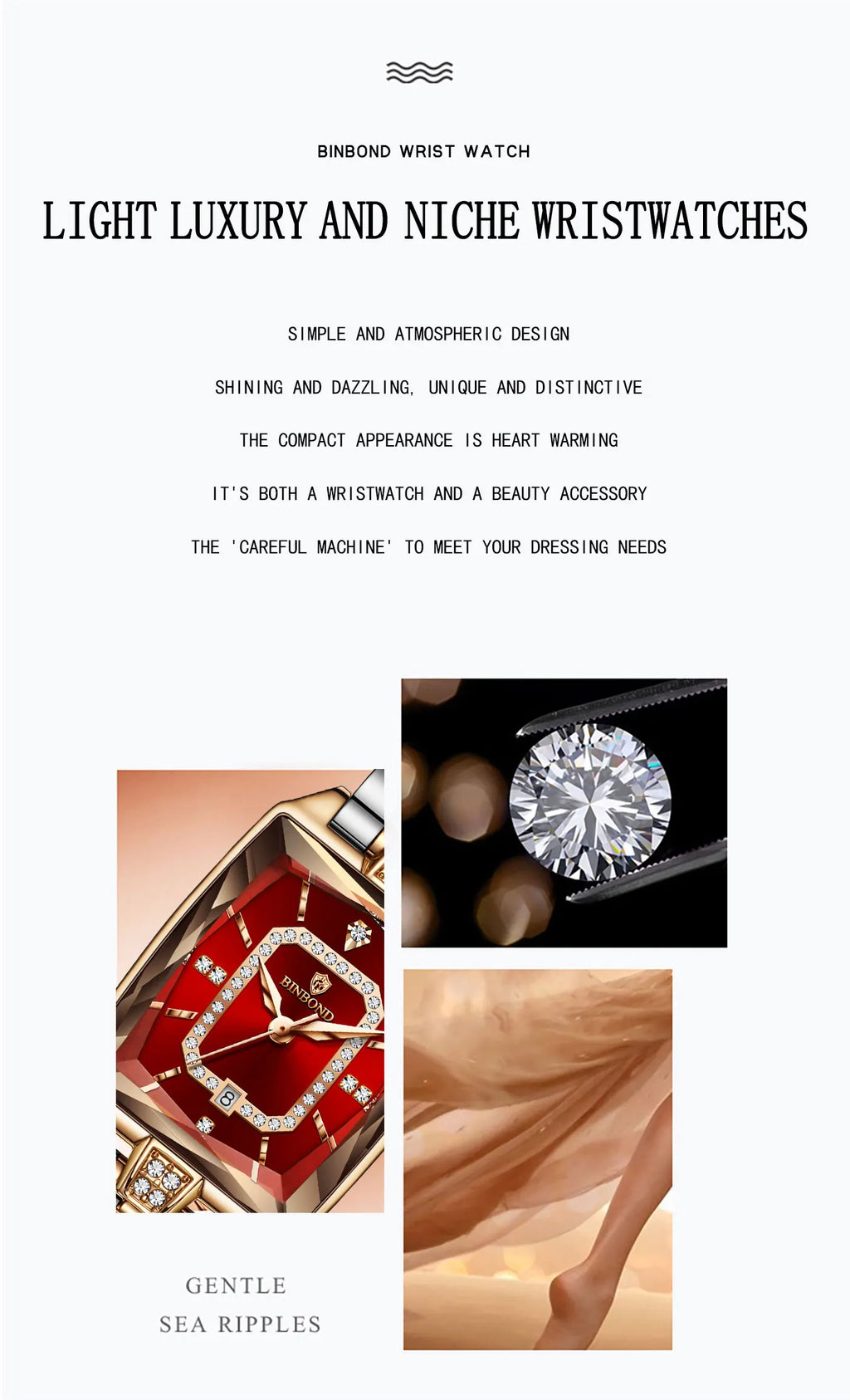 BINBOND Zircon Luxury Reloj Original Waterproof Sturdy Auto Date Women's Watches Ladies Wristwatch Quartz Watch For Women