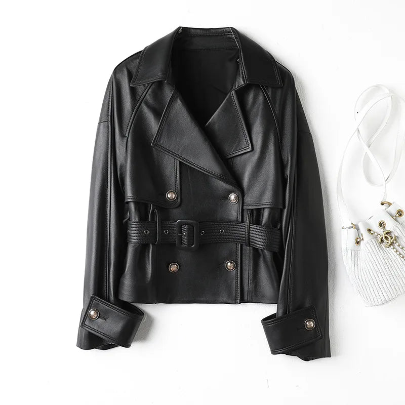 Leather Jacket for Women Spring Double-Breasted Belt Waist Closing Slim Ceket Kadın Imported Sheepskin Loose Short Trench Coat