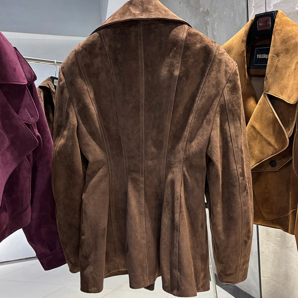 YOLOAgain Vintage Suede Blazer Jacket Women Double Breasted Lapel Dark Brown Genuine Sheepskin Leather Jacket Coat Female
