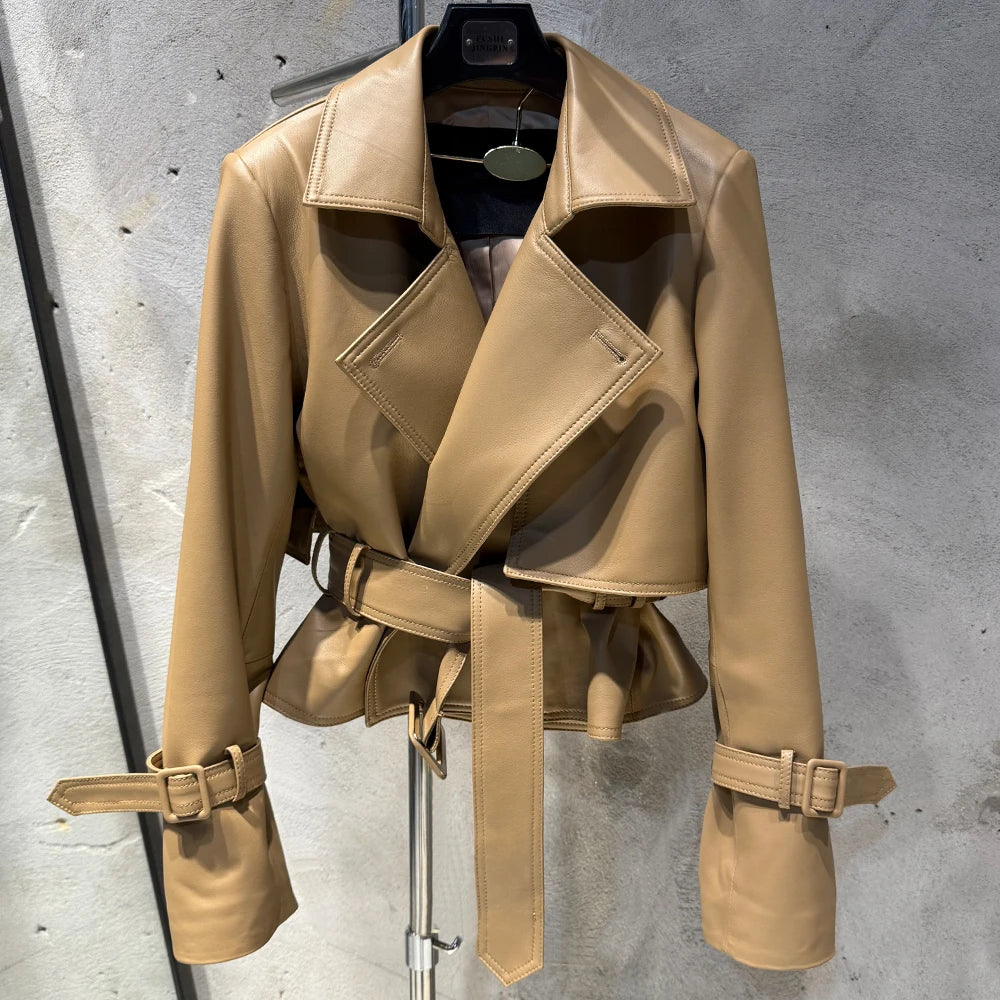 Croc Pattern Real Leather Jacket Autumn Outerwear For Female Cropped Belted Real Sheepskin Jacket