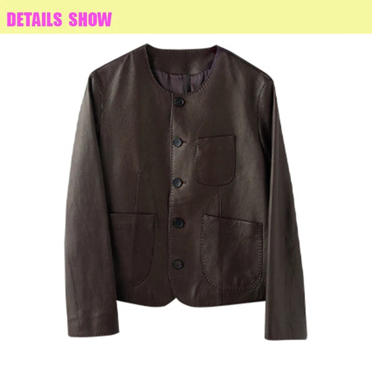 Women's Autumn Clothing European High Quality Sheepskin Casual O-Neck Single-Breasted Coffee Litchi Stria Genuine Leather Jacket