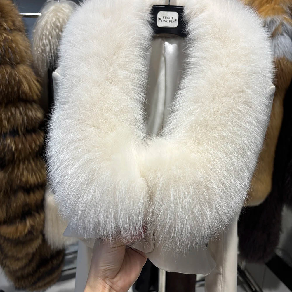 YOLOAgain Real Leather Jacket Women With Fox Fur Collar Cuffs Slim Fit Genuine Sheepskin Coat Female
