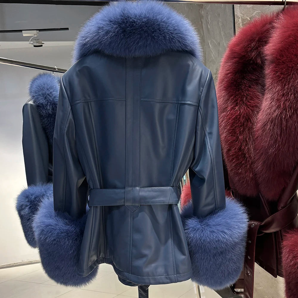 YOLOAgain Women's Real Fox Fur Collar Sheepskin Leather Jacket Coat Autumn 2025