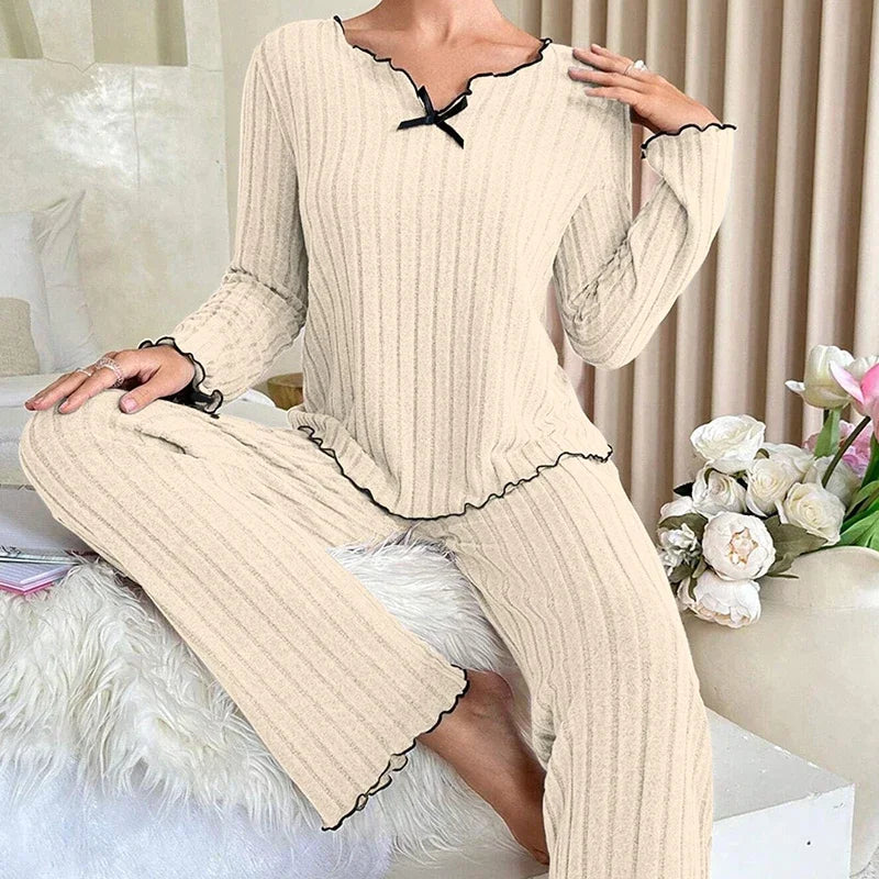 Women Ribbed Pajama Set V Neck Bow Long Sleeve Pants Soft Loungewear Two Piece Sleep Suit Daily Home Bedroom Casual Night Wear