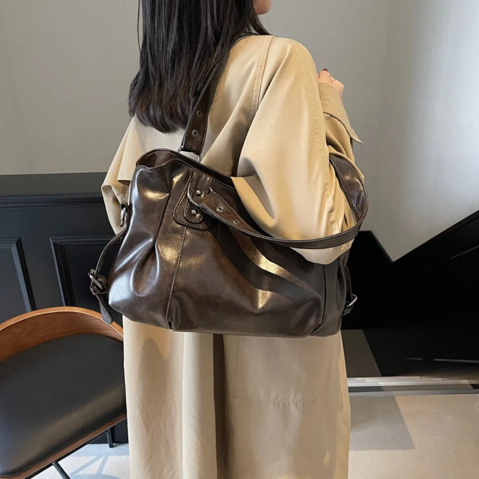 Retro Large Capacity PU Shoulder Bag for Women, Classic Solid Color Crossbody Tote Bag with Roomy Style