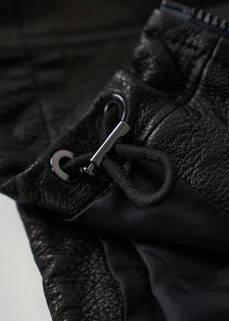Real Leather Jacket Women Autumn High Stand Collar Drawstring Double Zippers Locomotive Retro Short Sheepskin Coat Kurtka Damska