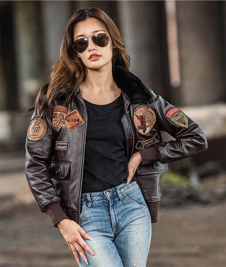 Dark Brown G1 Pilot Leather Jacket Women Military Style Plus Size 3XL Natural Cowhide Autumn Aviation Genuine Leather Coats