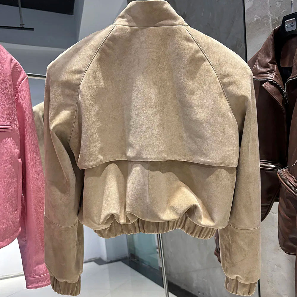 YOLOAgain Suede Leather Jacket Coat Women Real Leather Cropped Jacket Bomber Jacket