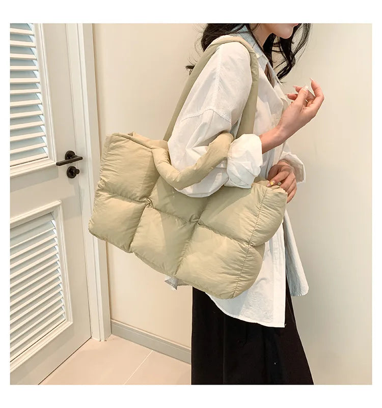 Quilted Plaid Bag Women Tote Handbags Retro Trendy Checkered Waterproof Shoulder Bag Solid Color Winter Soft Large Capacity Bags