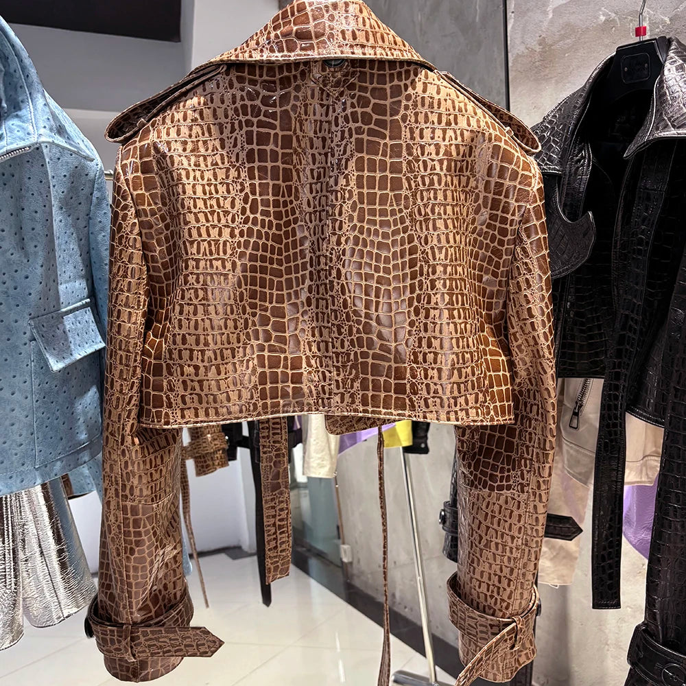 YOLOAgain Croc Pattern Real Leather Cropped Jacket Women Genuine Leather Jacket Female Streetwear