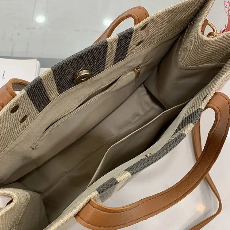 Women's Handbag Professional Commuter Stripe Simple Shoulder Large Bag Large Capacity Canvas Bag