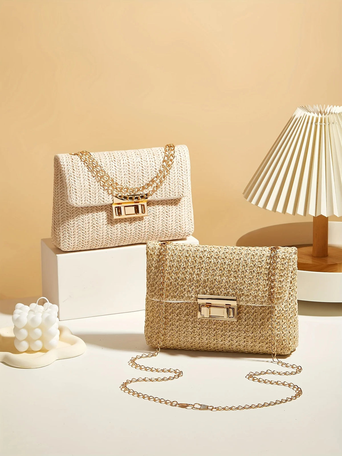 Woven Straw Handwoven Women's Shoulder Bag, Fashion Solid Color Crossbody Purse with Lock Closure