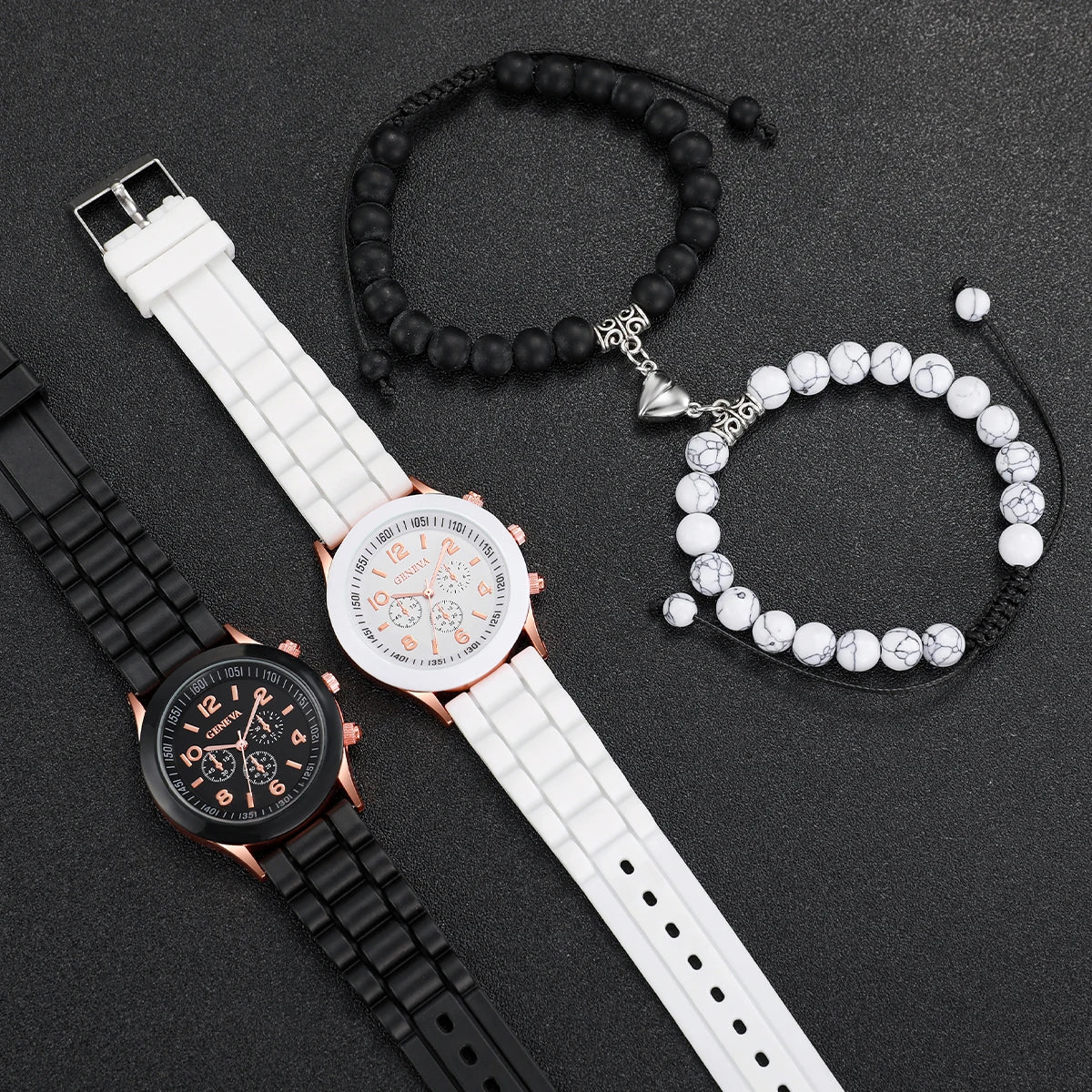 4PCS Couple Watches Fashion Arabic Women Quartz Watch Casual Silicone Band Wristwatches Magnet Heart-Shaped Bracelets Set