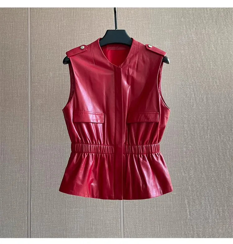 Women's Slim Waist Red Genuine Leather Vest Sleeveless Casual Jacket Short Style Versatile for Spring Autumn