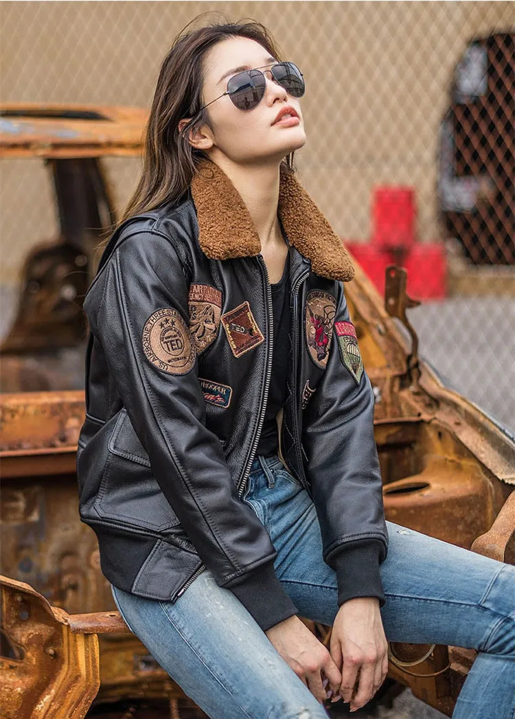 Dark Brown G1 Pilot Leather Jacket Women Military Style Plus Size 3XL Natural Cowhide Autumn Aviation Genuine Leather Coats